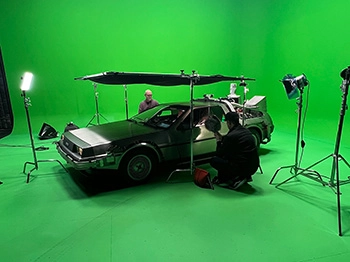 Delorean Time machine on green screen set for filming