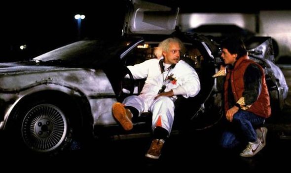 Doc Brown and Marty in the Delorean Time Machine in Back to the Future